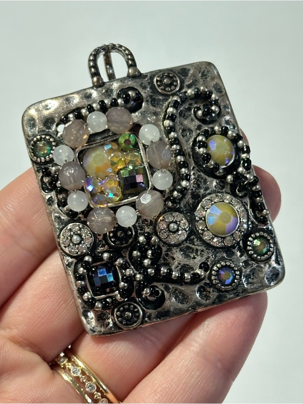 Huge Funky Artisan Wirework Crystal Rhinestone Beaded Square Pendant Y2K 90s